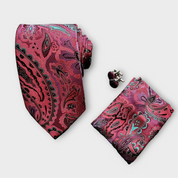 Wine Red Green Silk Tie Pocket Square Cufflink Set