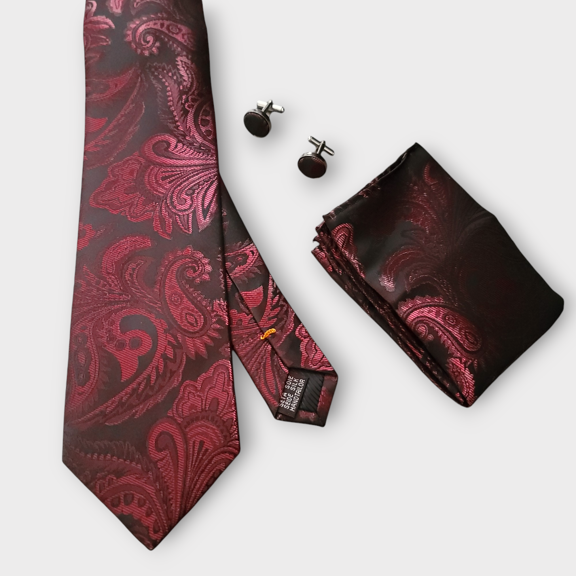 Wine Paisley Silk Tie Pocket Square Cufflink Set