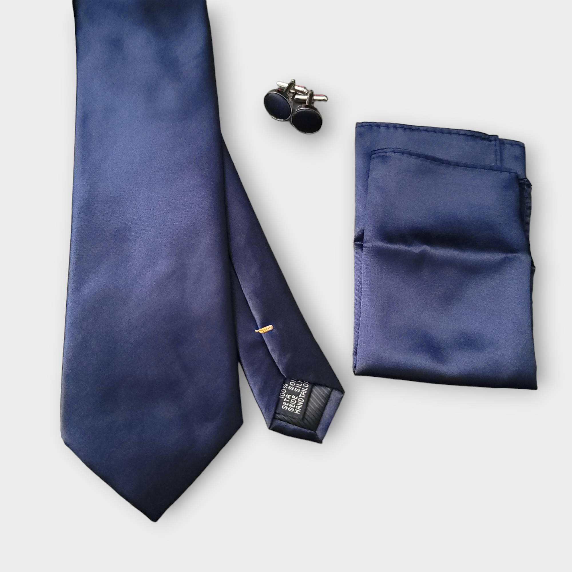 Navy Blue Solid Silk Tie Pocket Square Cufflink Set