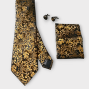 Black Gold Floral Silk Tie Pocket Square Cufflink Set