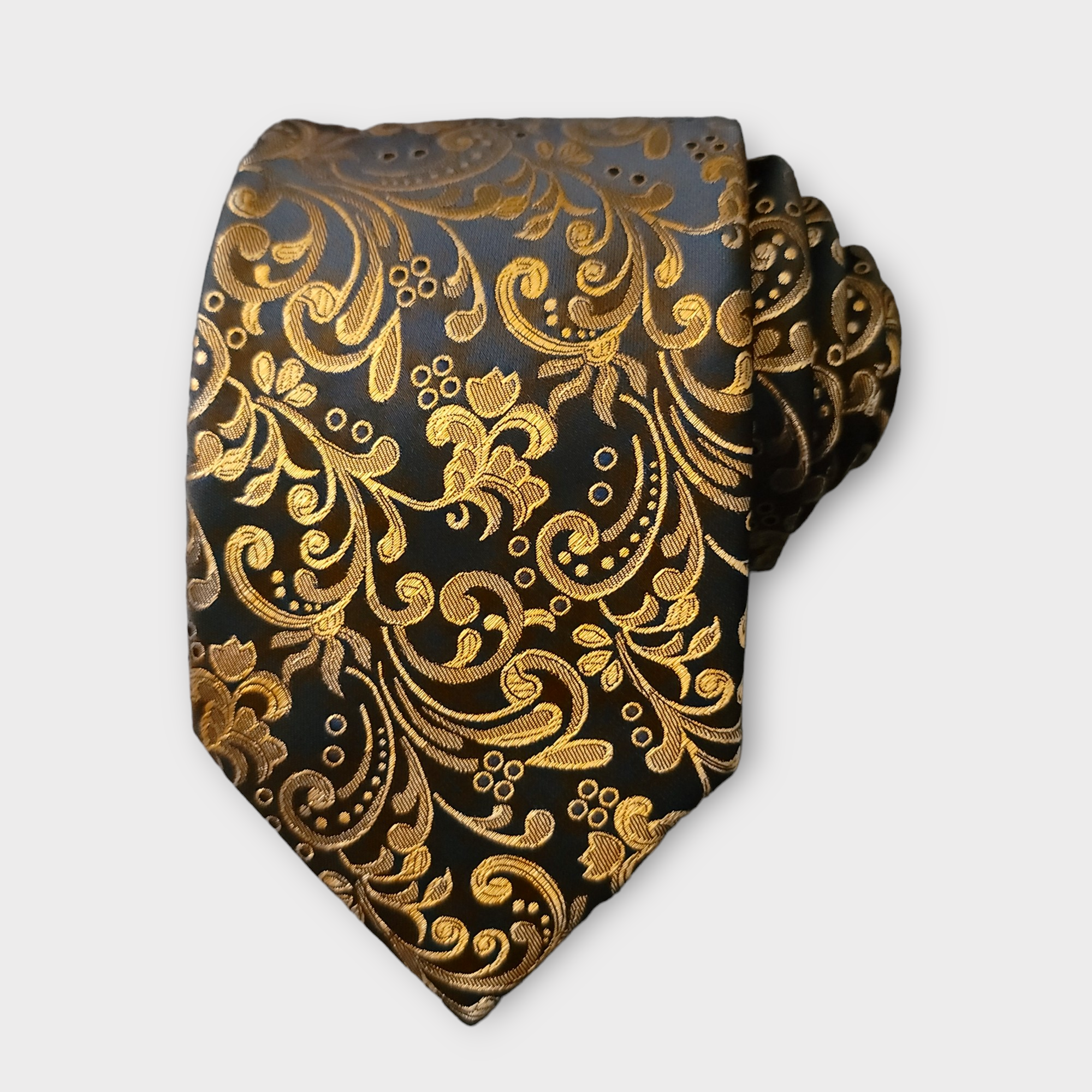 Black Gold Floral Silk Tie Pocket Square Cufflink Set