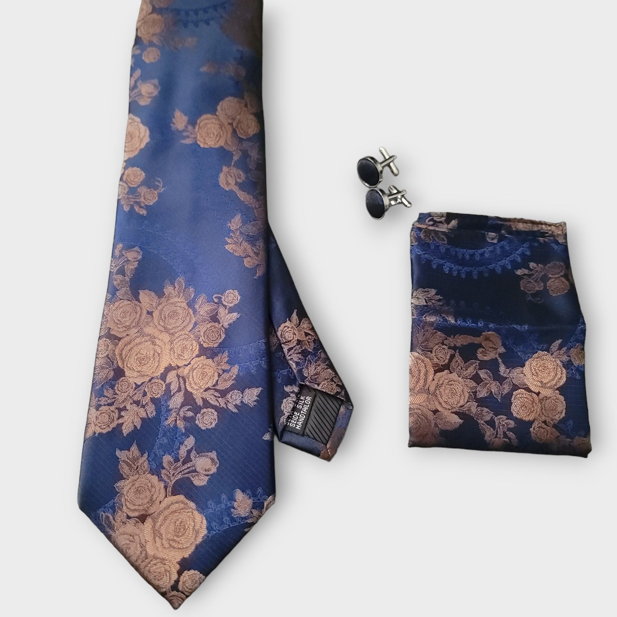 Navy Blue Brown Floral Silk Tie Pocket Square Cufflink Set