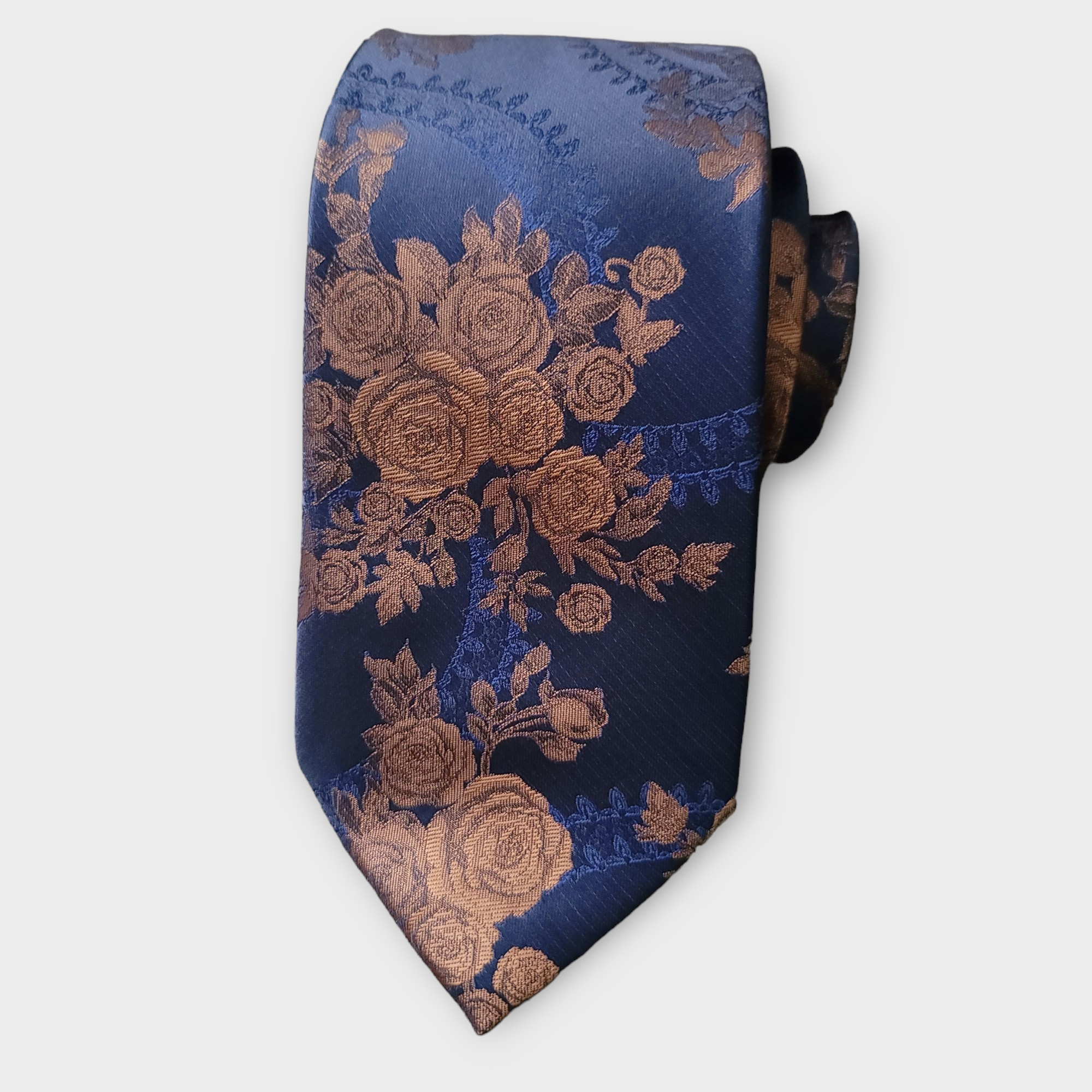 Navy Blue Brown Floral Silk Tie Pocket Square Cufflink Set