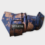 Navy Blue Brown Floral Silk Tie Pocket Square Cufflink Set
