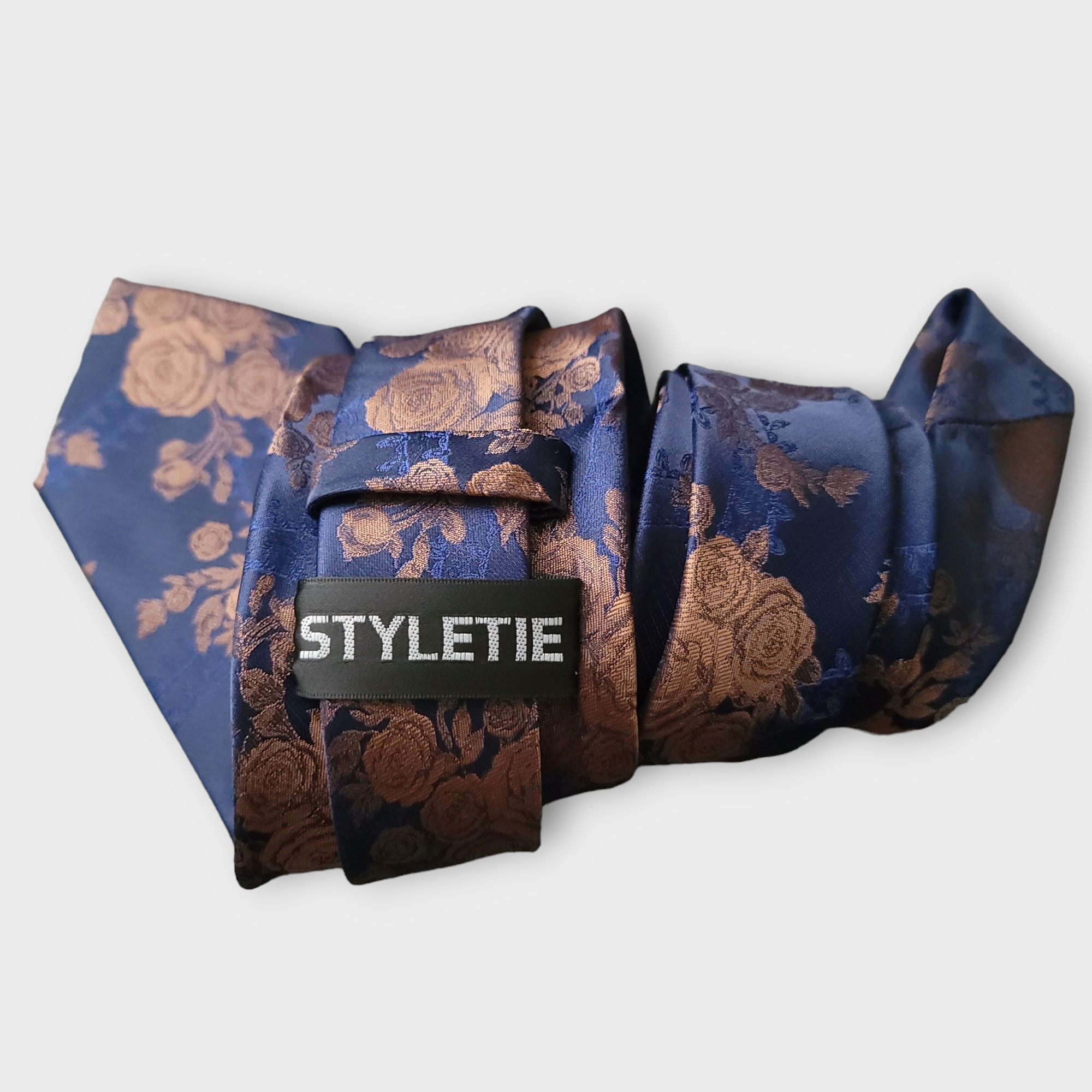 Navy Blue Brown Floral Silk Tie Pocket Square Cufflink Set