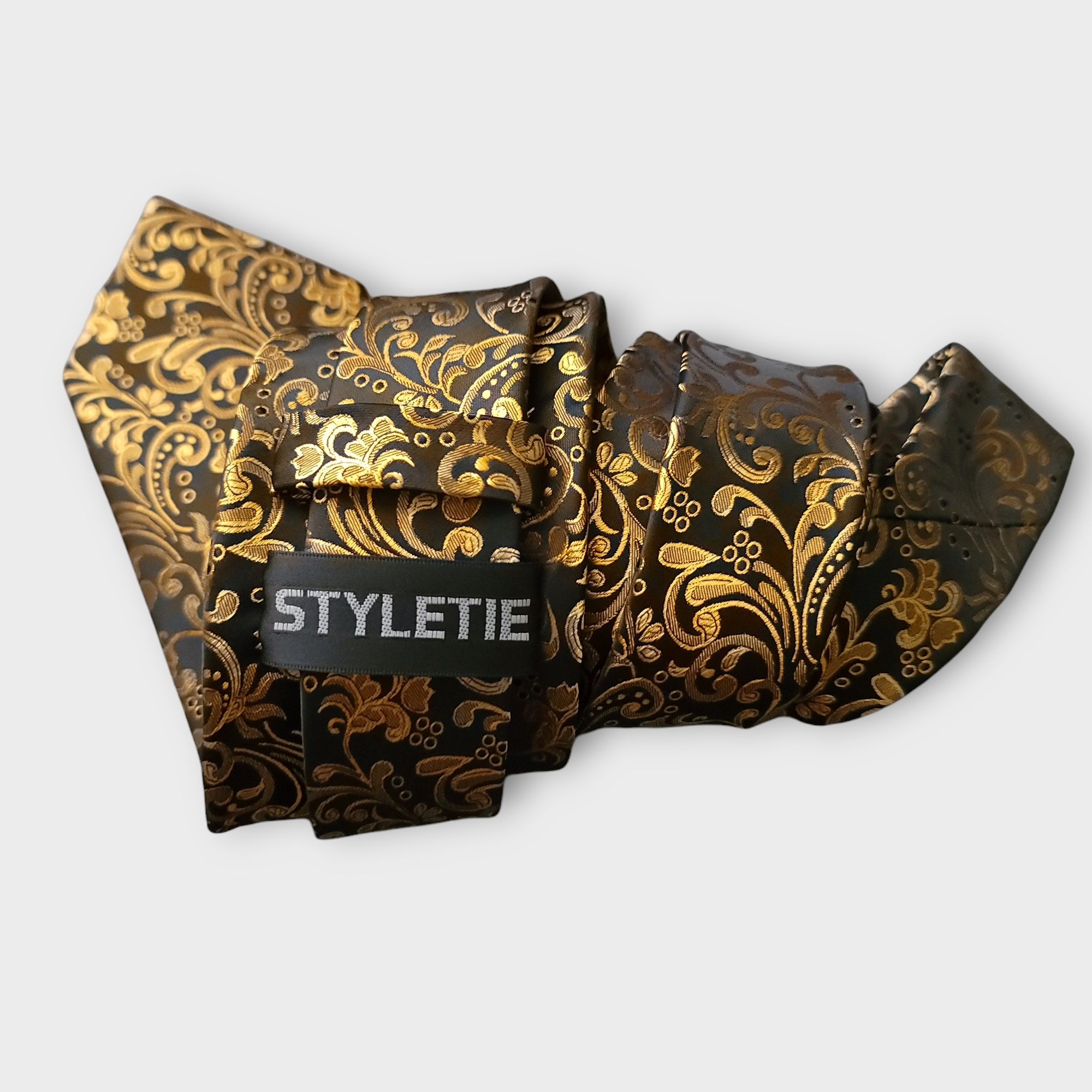 Black Gold Floral Silk Tie Pocket Square Cufflink Set