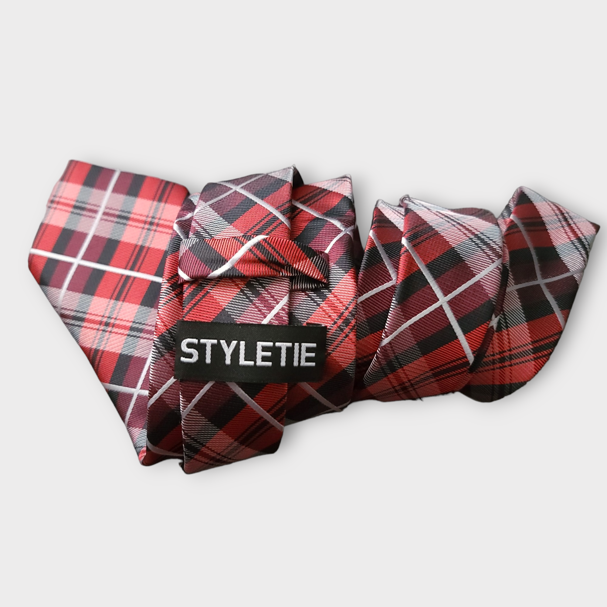 Red Black Plaid Silk Tie Pocket Square Cufflink Set