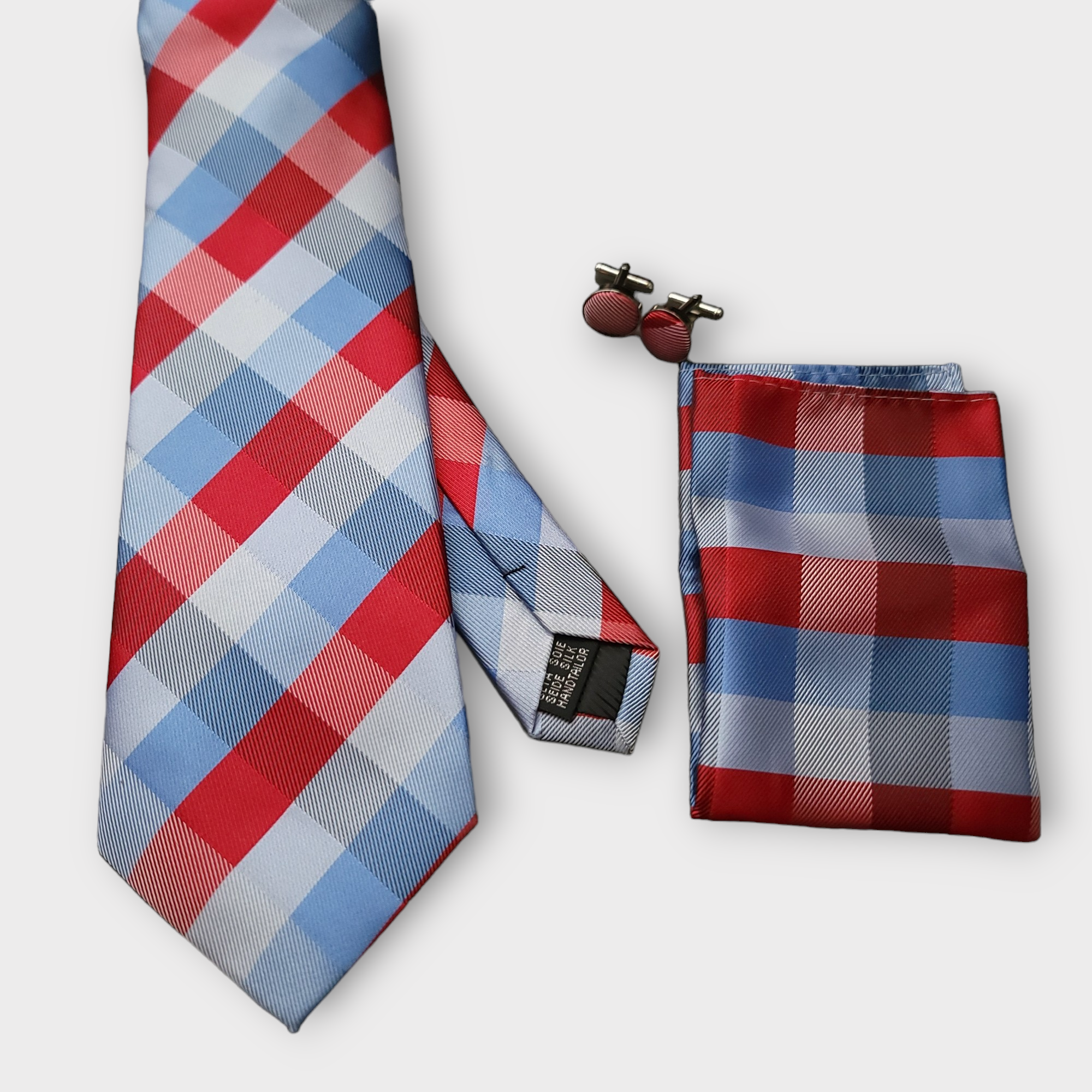 Blue Red Plaid Silk Tie Pocket Square Cufflink Set