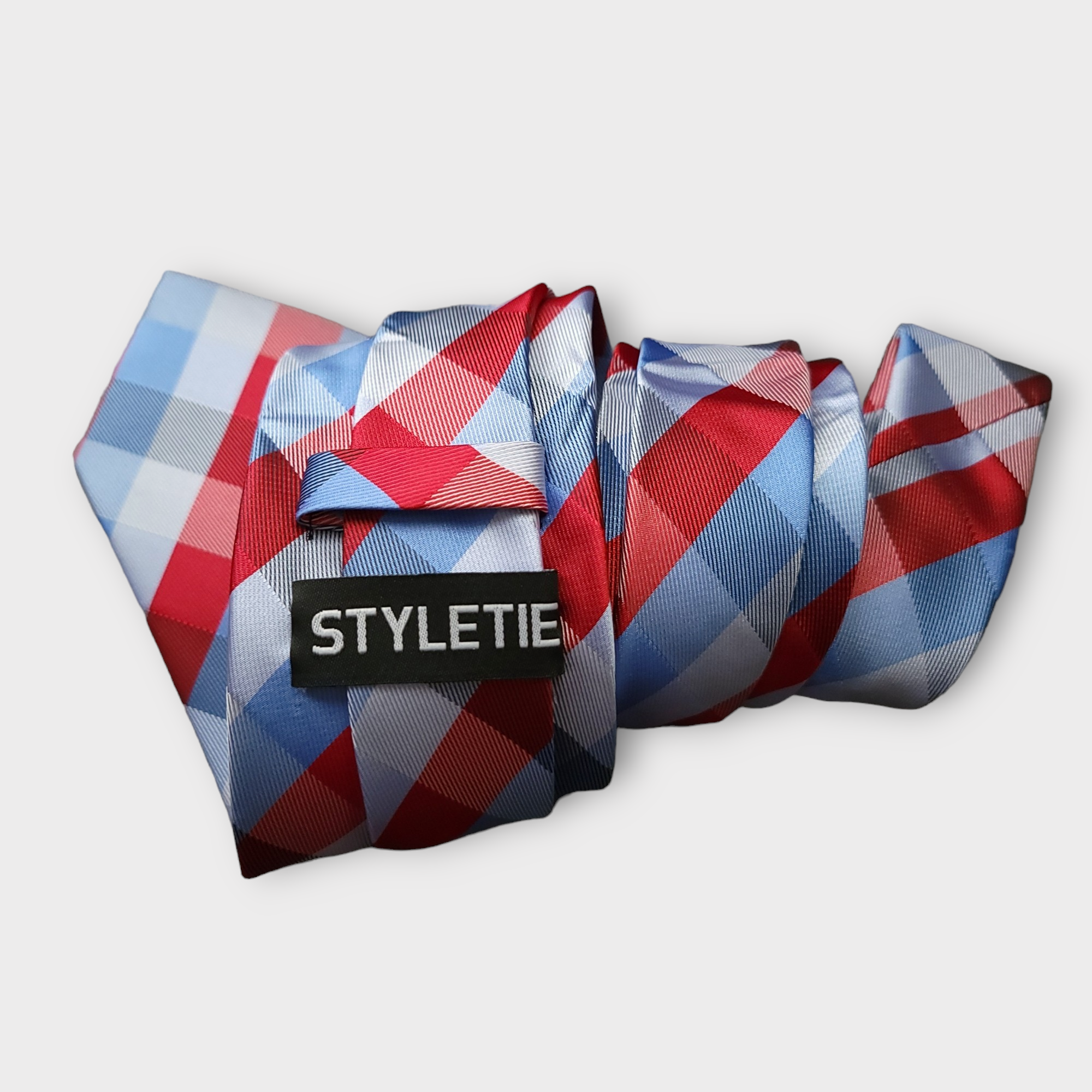 Blue Red Plaid Silk Tie Pocket Square Cufflink Set
