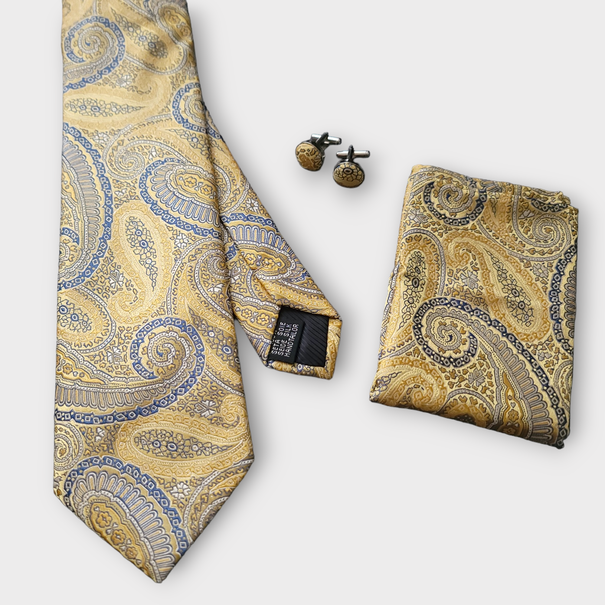 Yellow Silk Tie Pocket Square Cufflinks Set