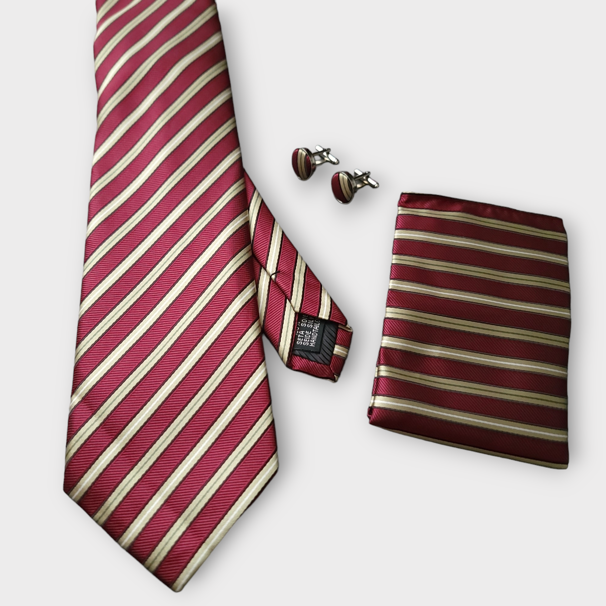 Burgundy Gold Stripe Silk Tie Pocket Square Cufflink Set