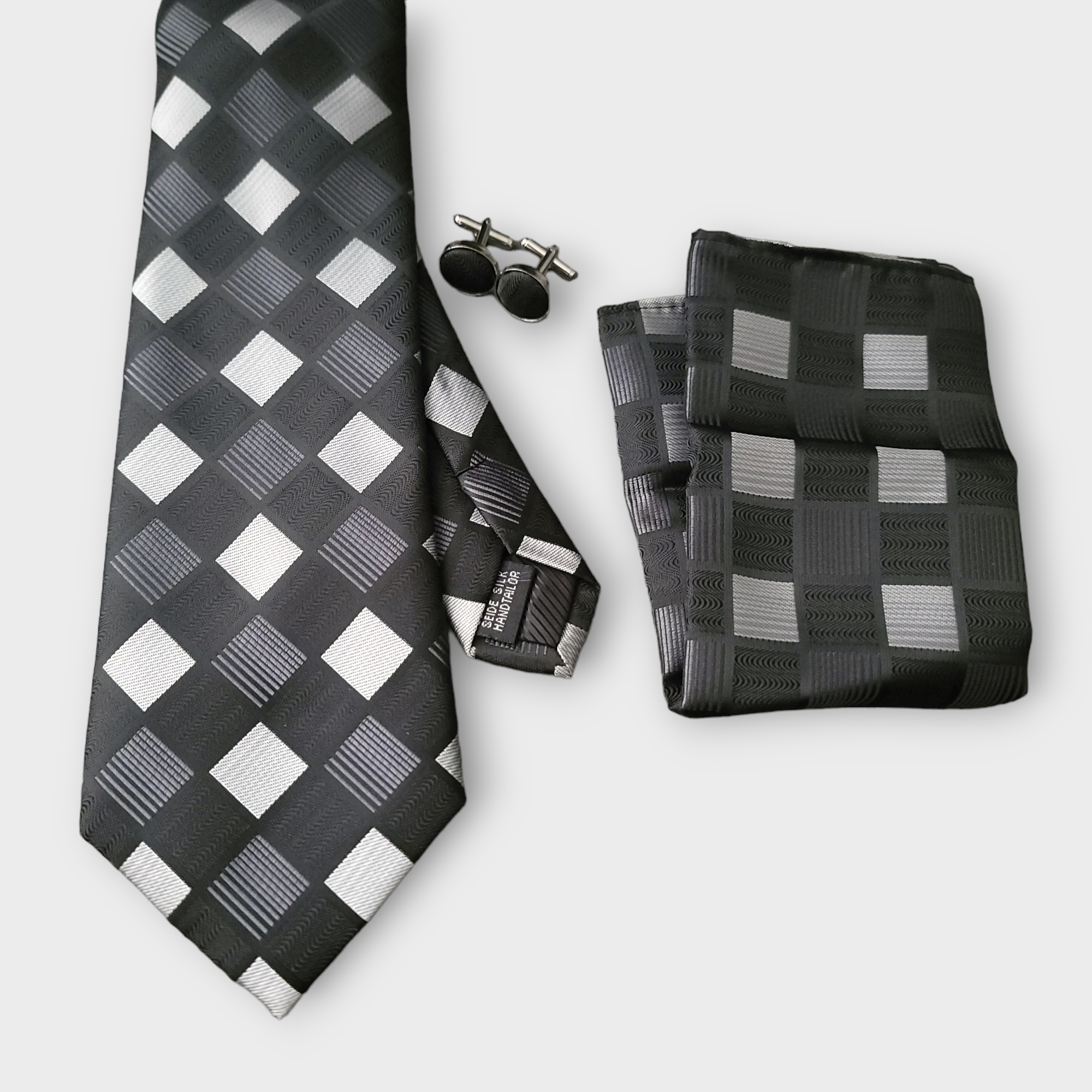 Black White Plaid Silk Tie Pocket Square Cufflink Set