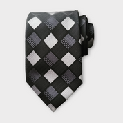 Black White Plaid Silk Tie Pocket Square Cufflink Set