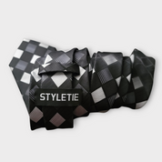 Black White Plaid Silk Tie Pocket Square Cufflink Set