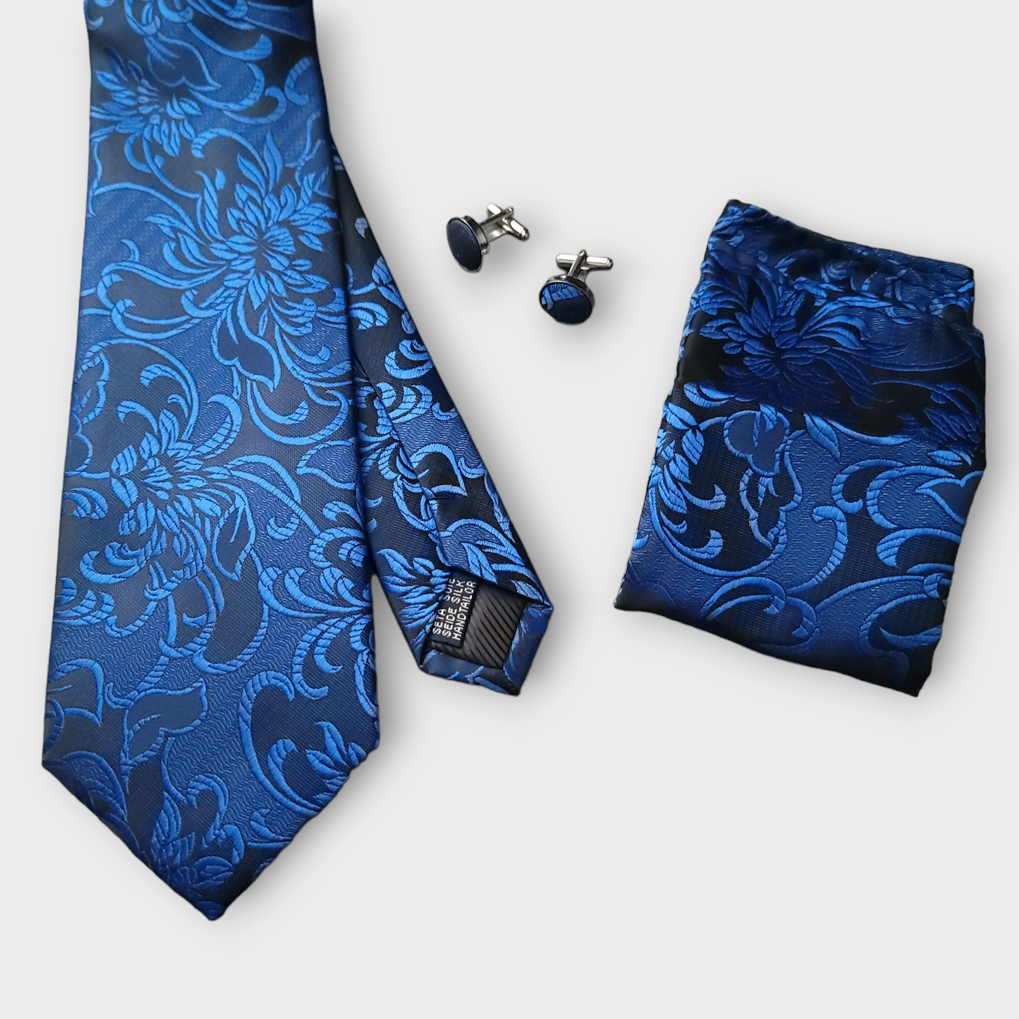 Sapphire Blue Floral Silk Tie Pocket Square Cufflink Set