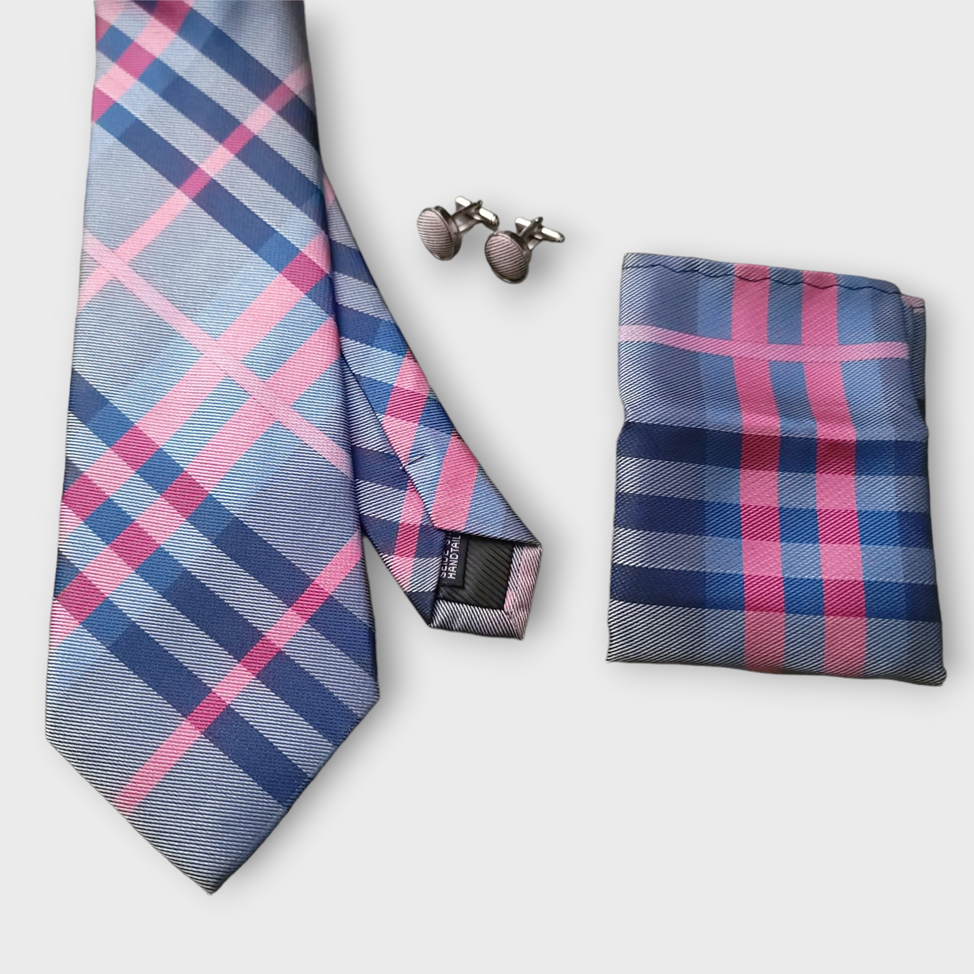Navy Blue Purple Tie Set of Pocket Square & Cufflinks