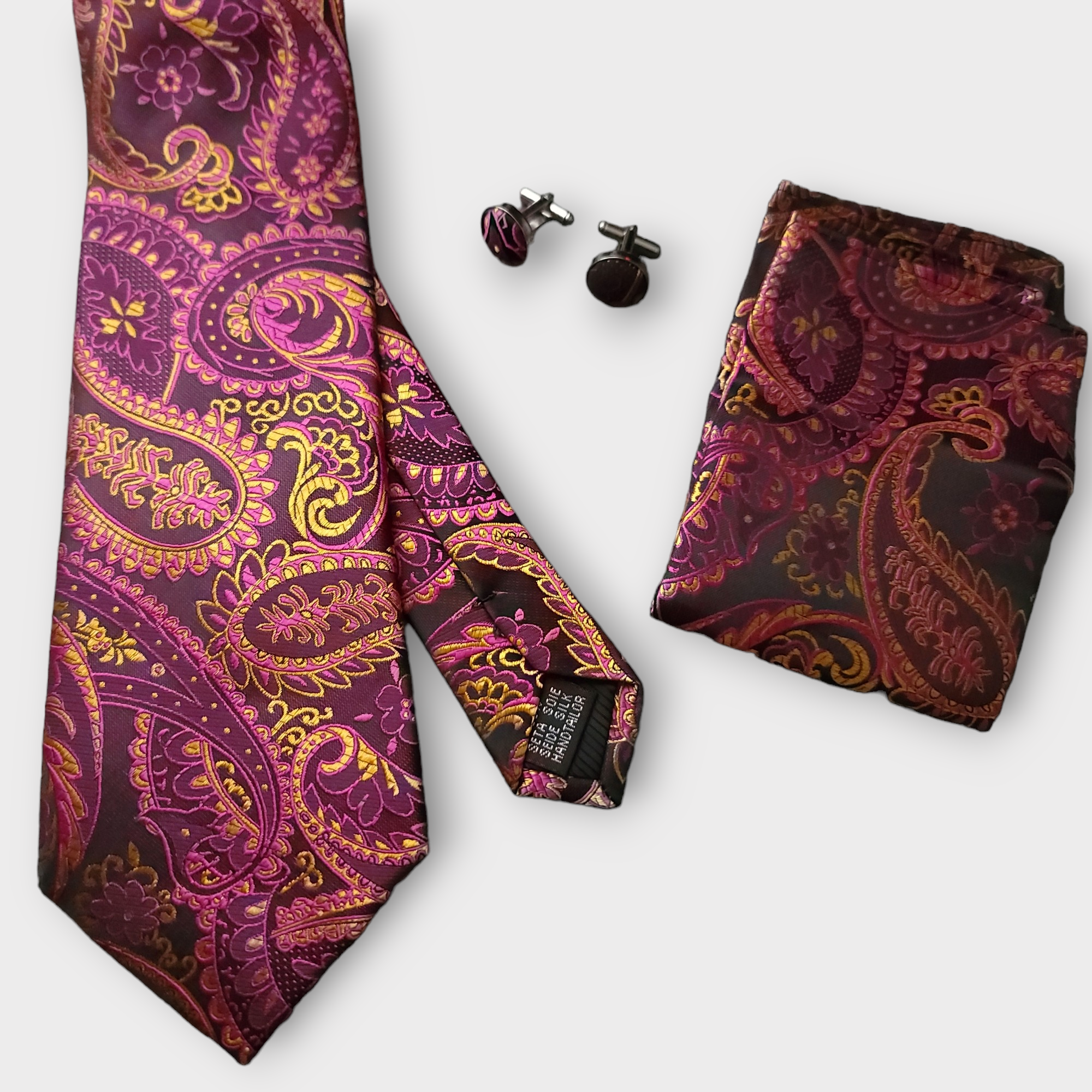 Camellia Red Gold Paisley Silk Tie Pocket Square Cufflink Set