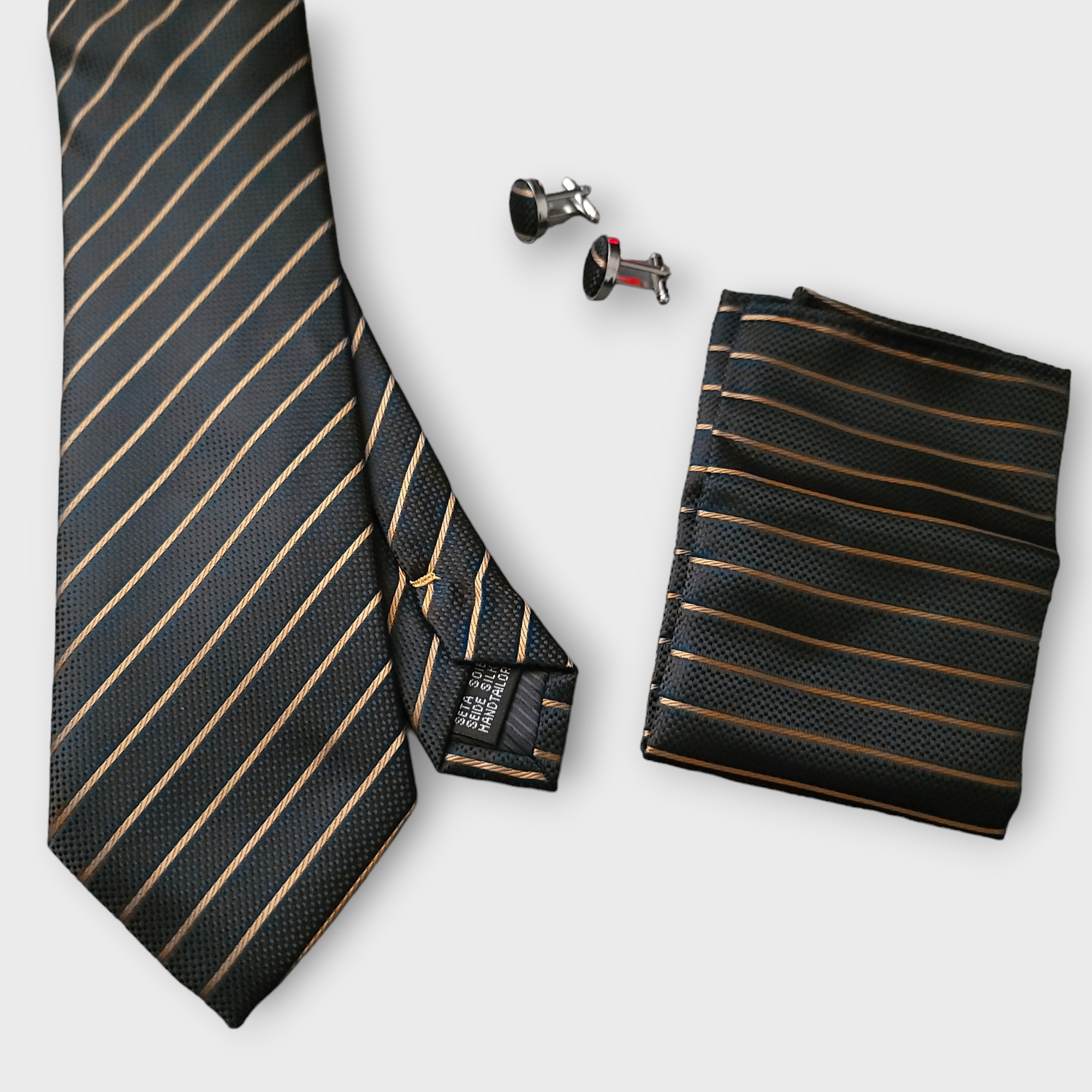 Striped Black Orange Silk Tie Pocket Square Cufflinks Set