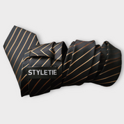 Striped Black Orange Silk Tie Pocket Square Cufflinks Set