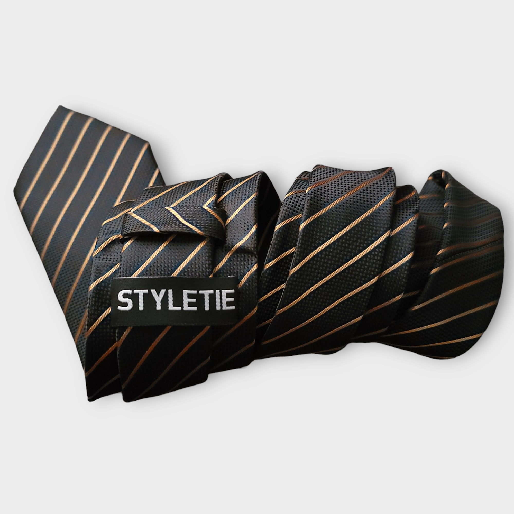Striped Black Orange Silk Tie Pocket Square Cufflinks Set