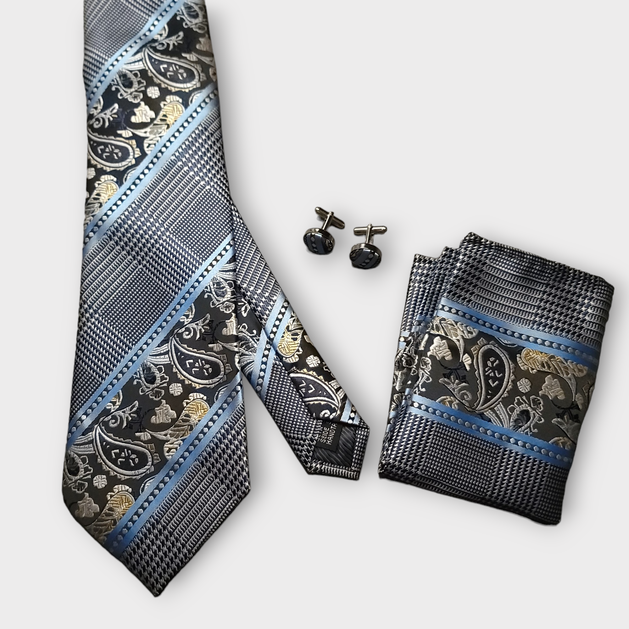 Blue Paisley Stripe Silk Tie Handkerchief Cufflinks necktie Set
