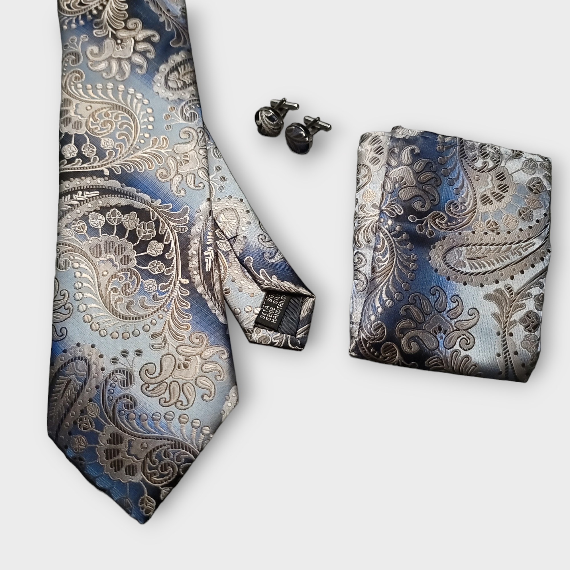 Blue Champagne Paisley Silk Tie Pocket Square Cufflink Set