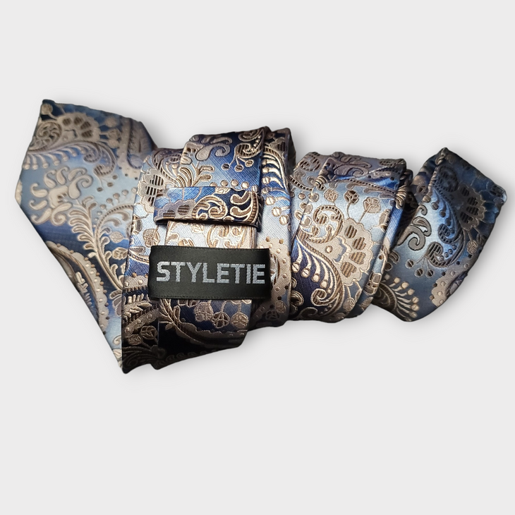 Blue Champagne Paisley Silk Tie Pocket Square Cufflink Set