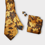 Gold Floral Silk Tie Pocket Square Cufflink Set