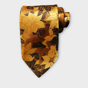 Gold Floral Silk Tie Pocket Square Cufflink Set