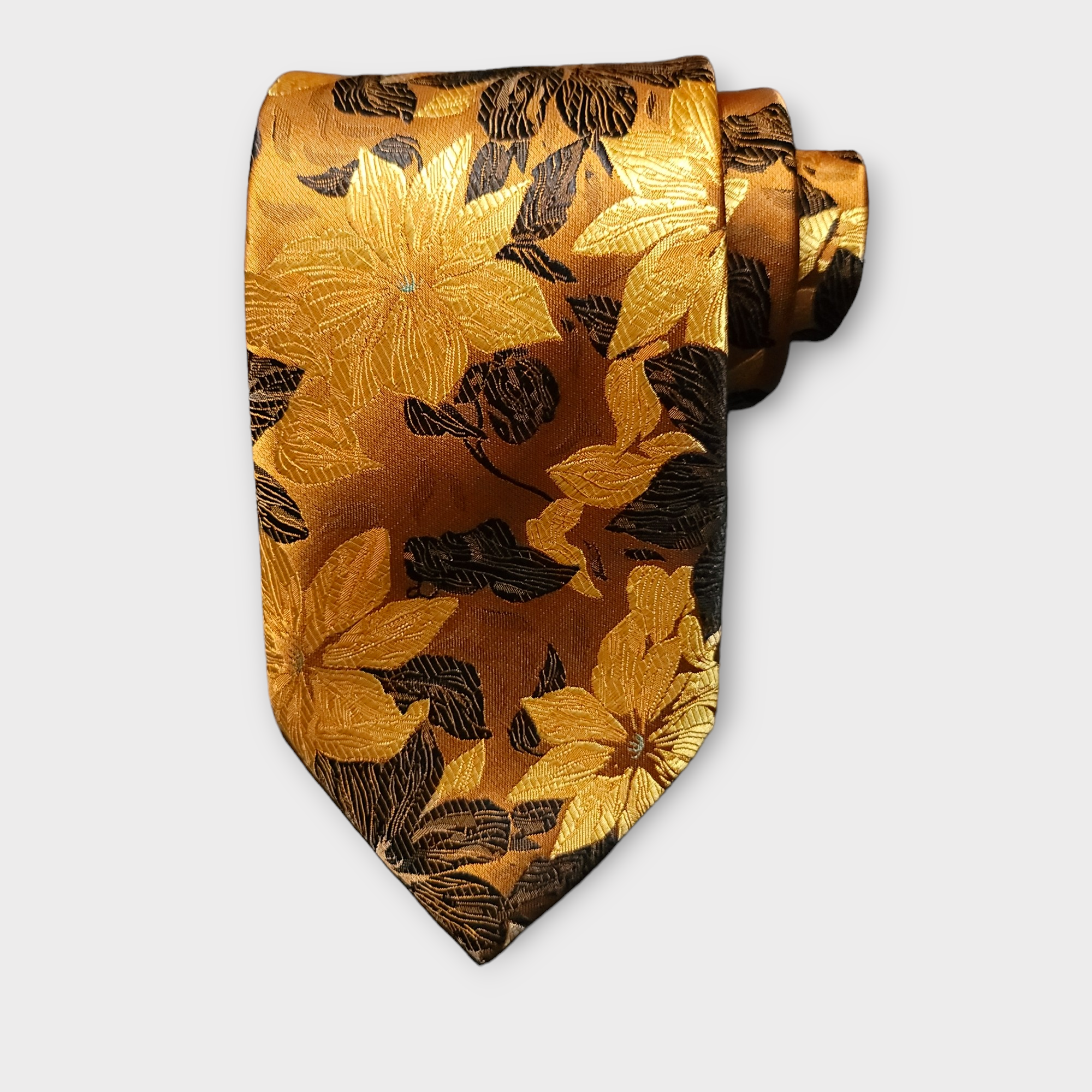 Gold Floral Silk Tie Pocket Square Cufflink Set