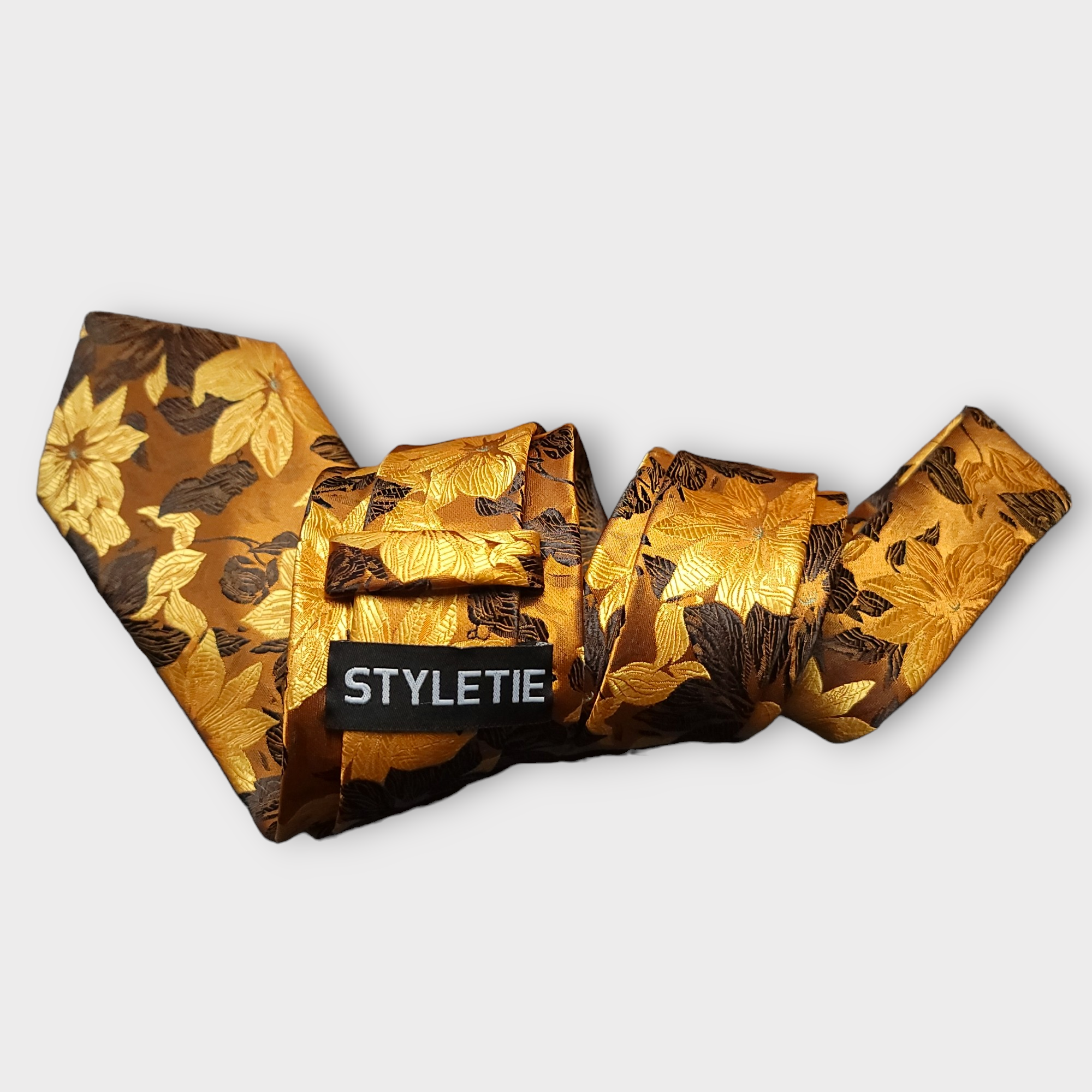 Gold Floral Silk Tie Pocket Square Cufflink Set