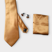 Golden Brown Solid Silk Tie Pocket Square Cufflink Set