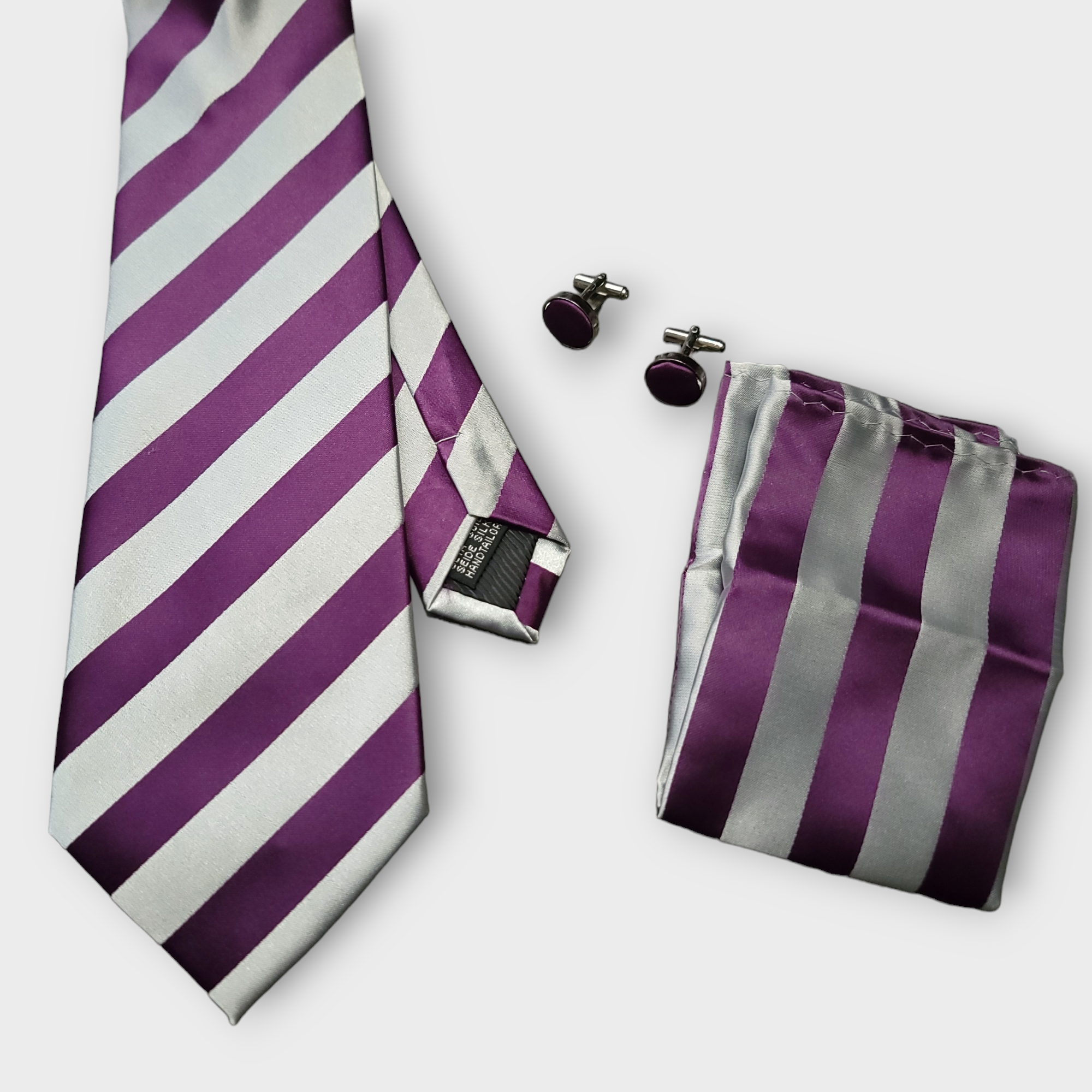 Silver Gray Stripe Silk Tie Pocket Square Cufflink Set