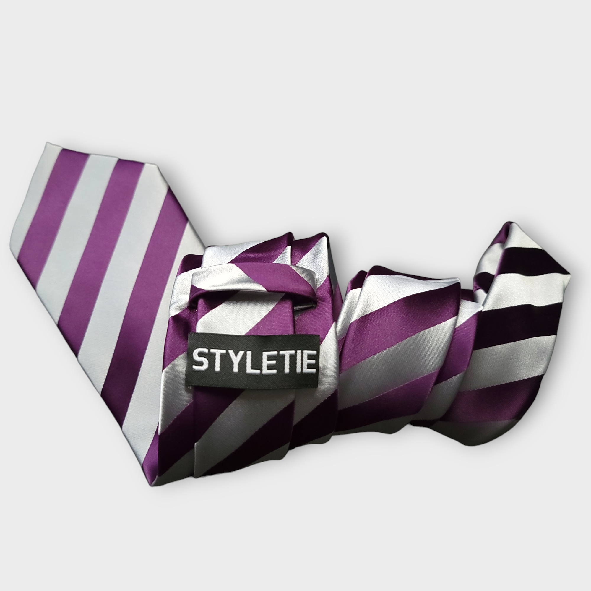Silver Gray Stripe Silk Tie Pocket Square Cufflink Set