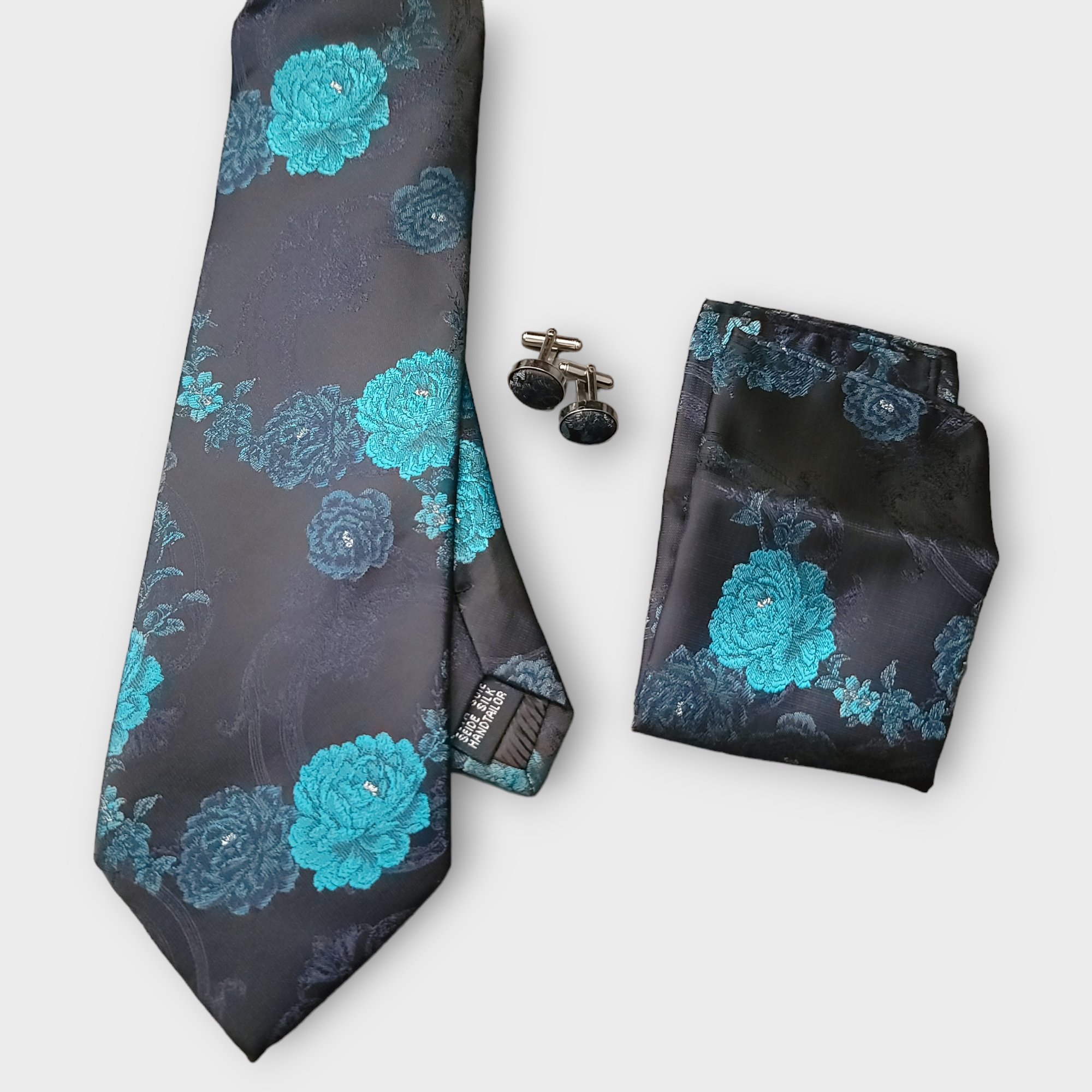 Black Teal Floral Silk Tie Pocket Square Cufflink Set