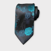 Black Teal Floral Silk Tie Pocket Square Cufflink Set