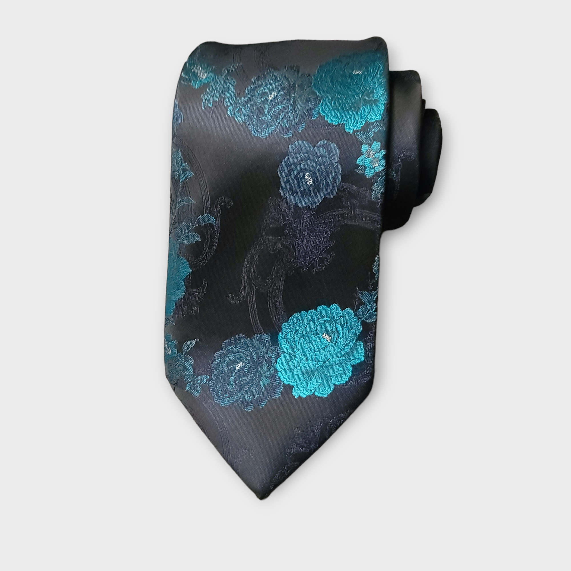 Black Teal Floral Silk Tie Pocket Square Cufflink Set