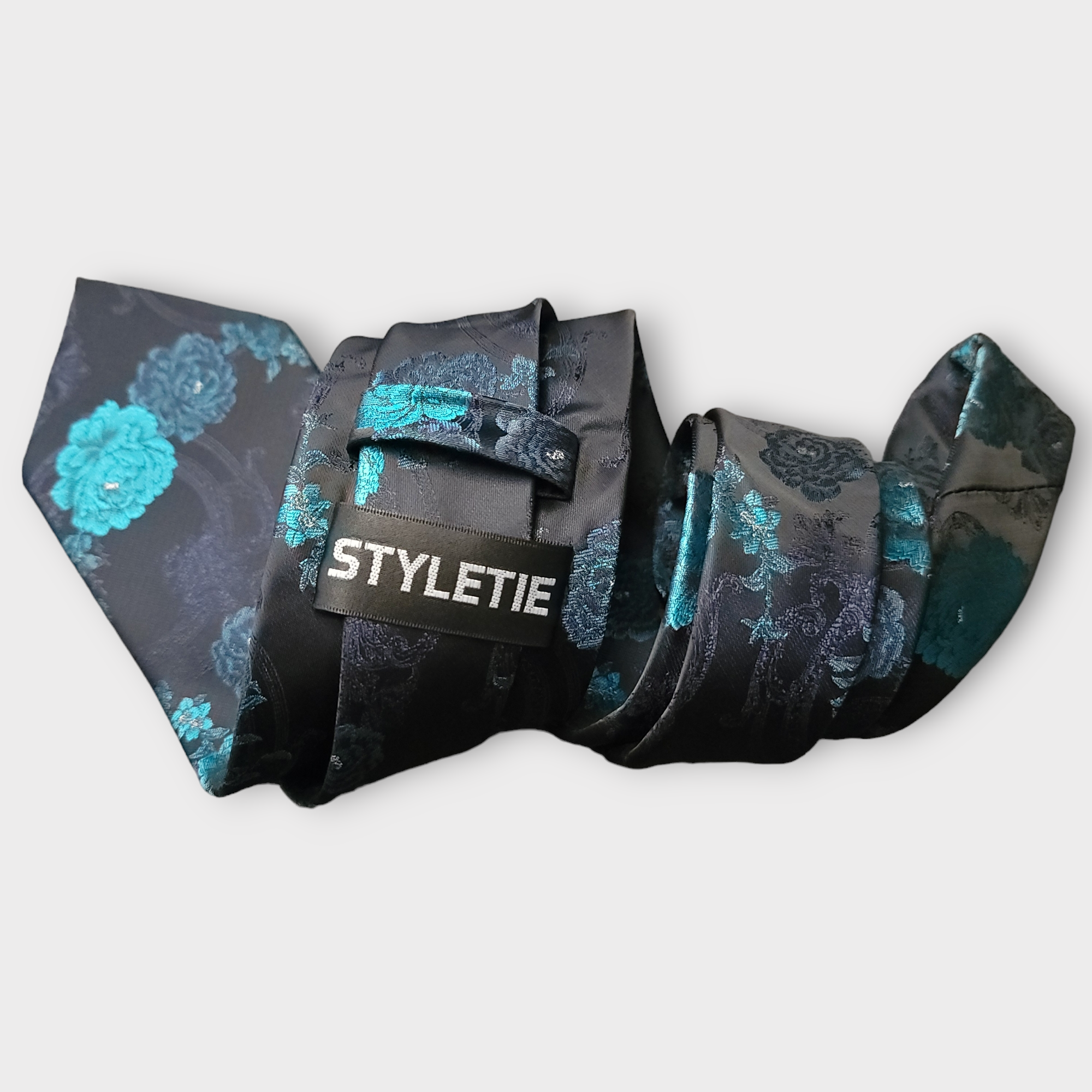 Black Teal Floral Silk Tie Pocket Square Cufflink Set