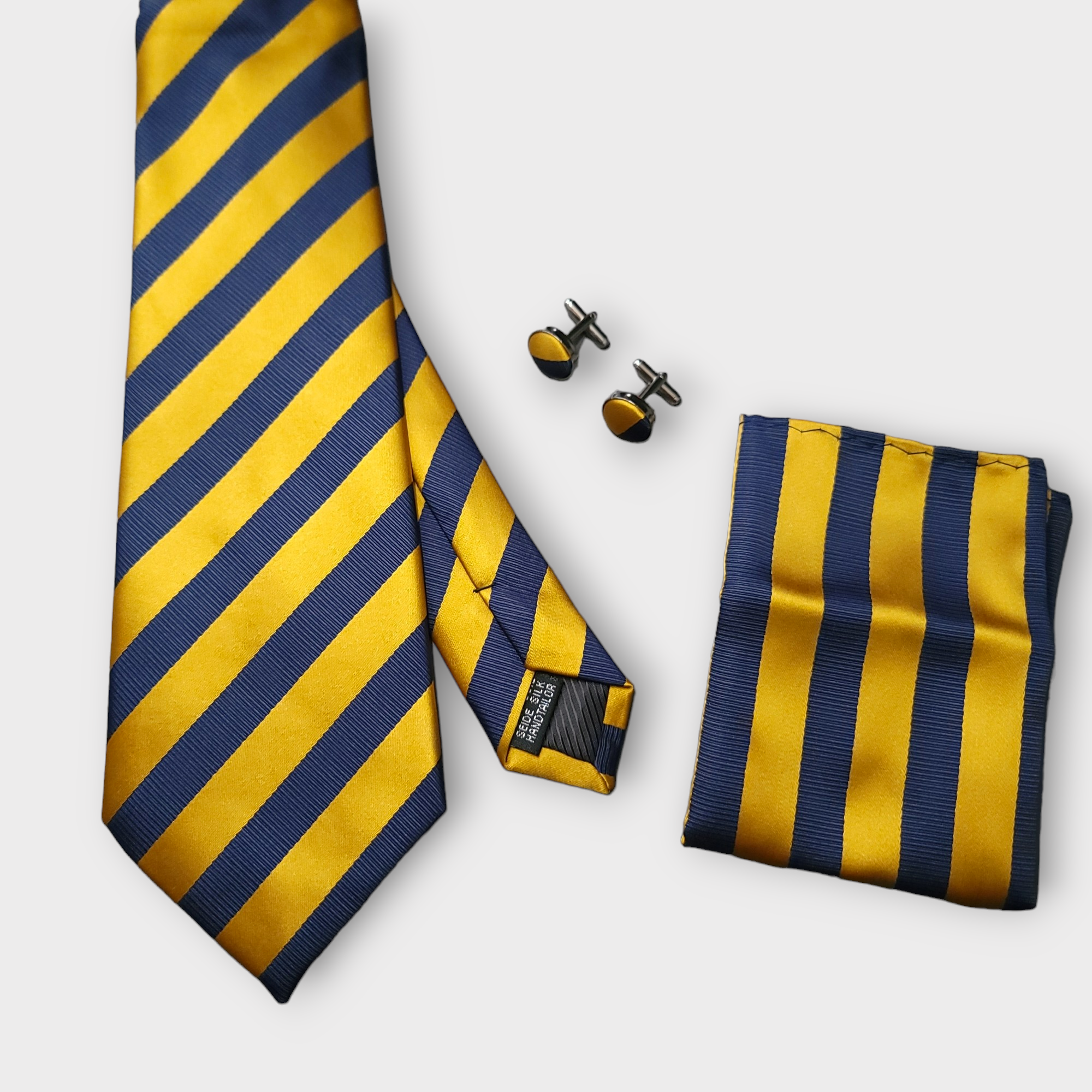 Navy Blue Gold Stripe Silk Tie Pocket Square Cufflink Set