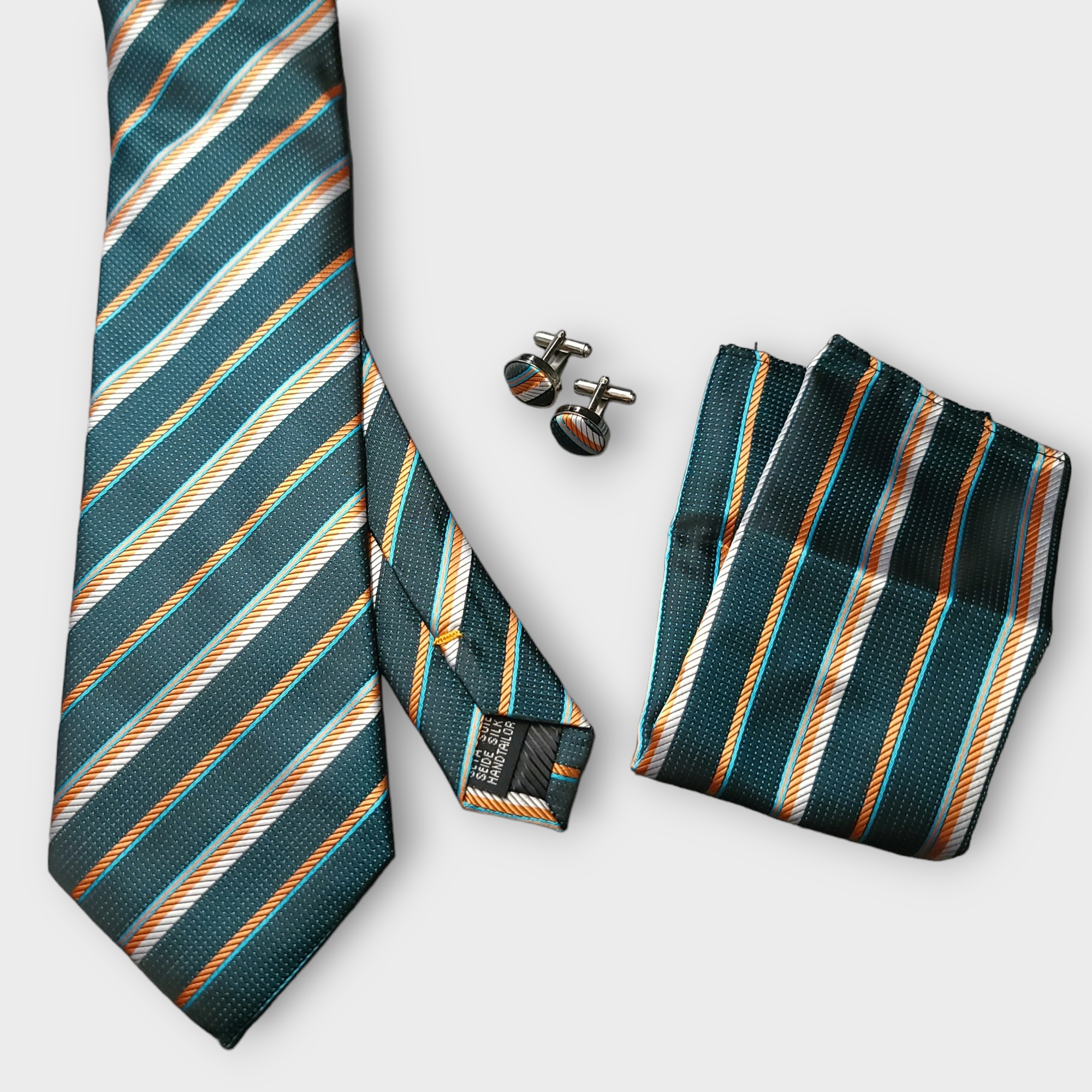 Black Teal Striped Silk Tie Pocket Square Cufflink Set