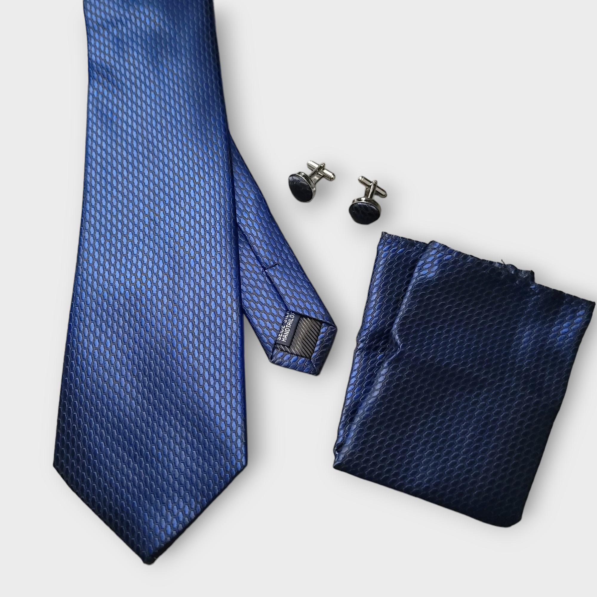 Navy Blue  Silk Tie Pocket Square Cufflink Set