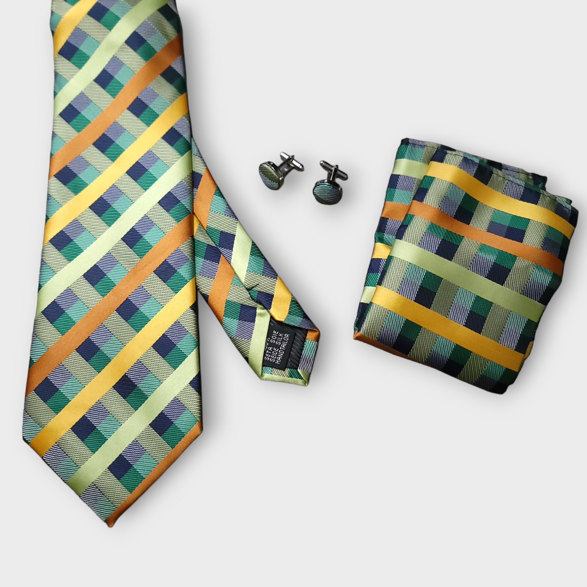 Green Yellow Plaid Silk Tie Crystal Brooches Pocket Square Cufflinks Set