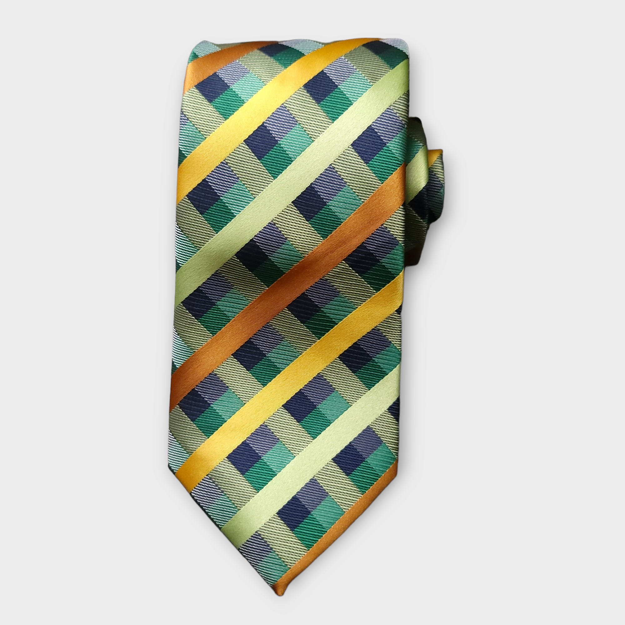 Green Yellow Plaid Silk Tie Crystal Brooches Pocket Square Cufflinks Set