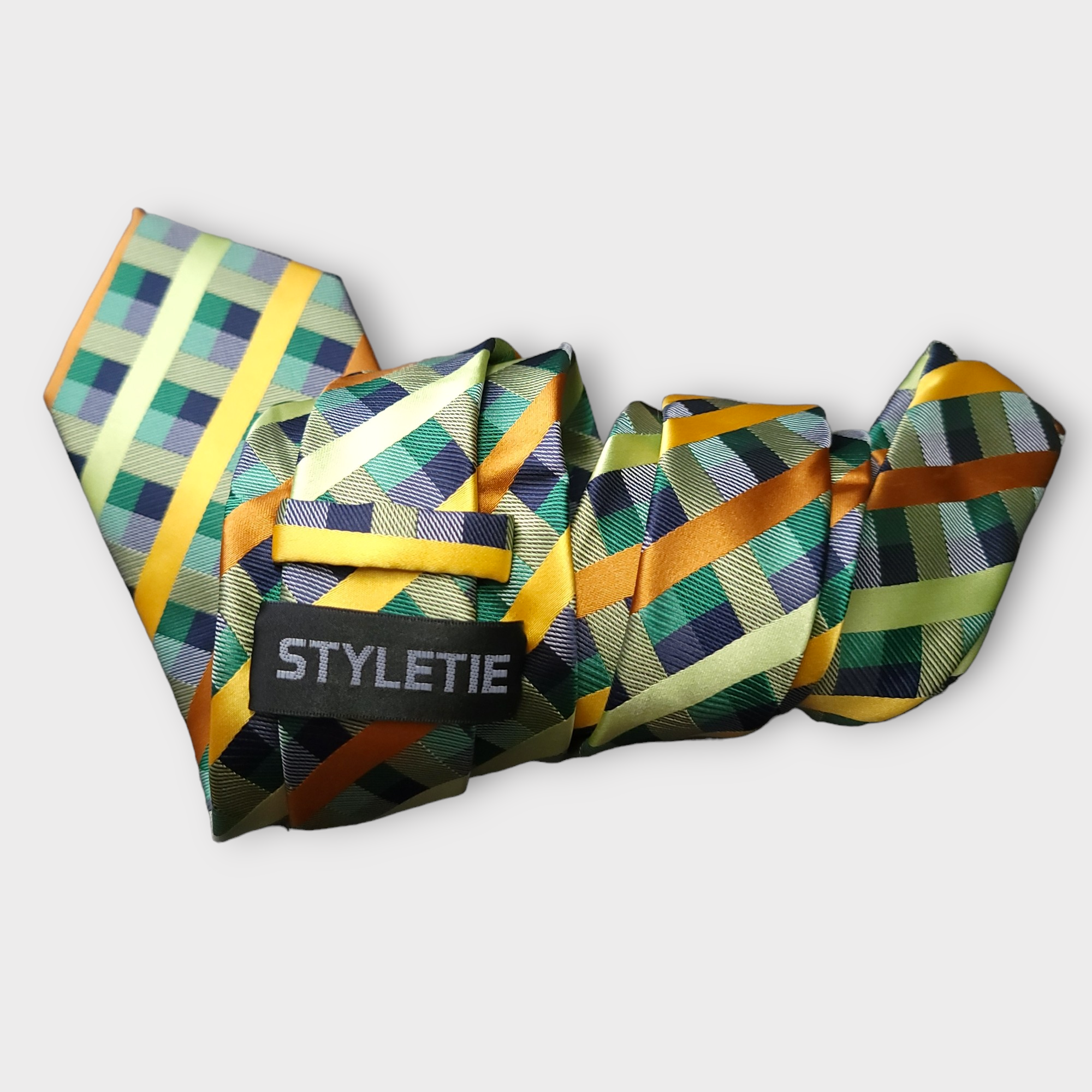 Green Yellow Plaid Silk Tie Crystal Brooches Pocket Square Cufflinks Set