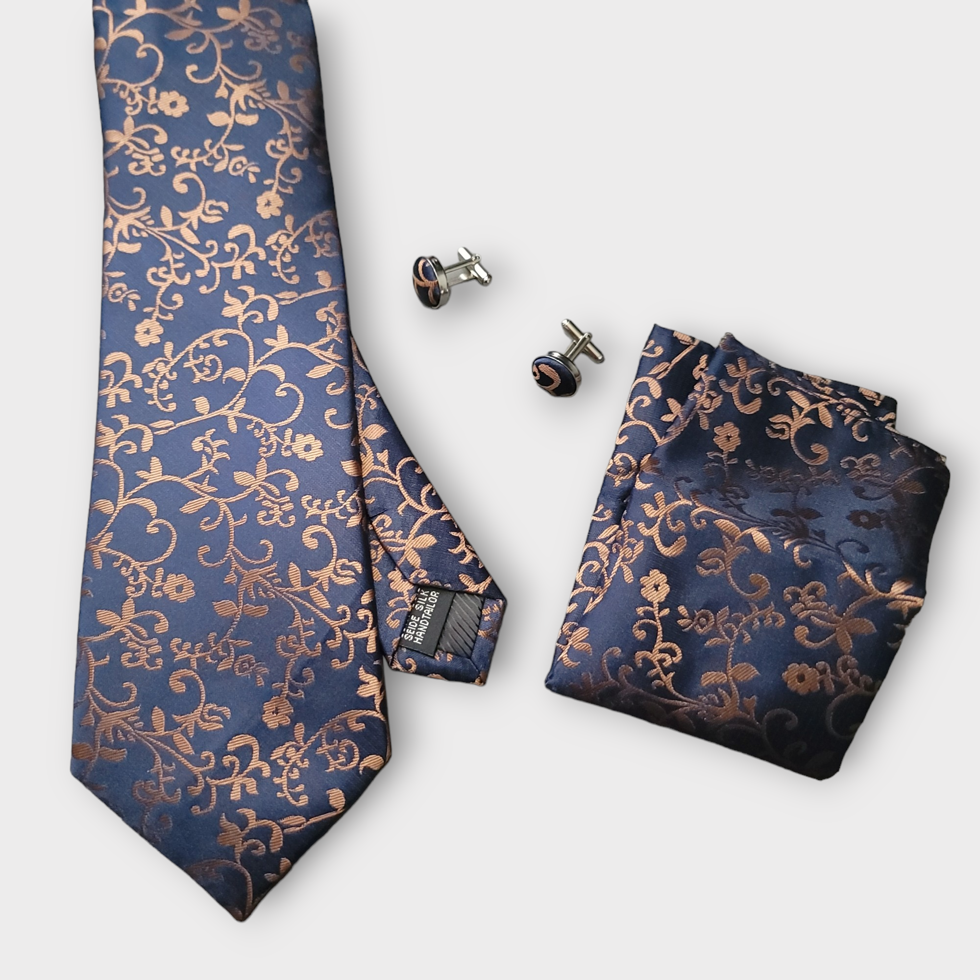 Navy Floral Silk Tie Pocket Square Cufflinks Set