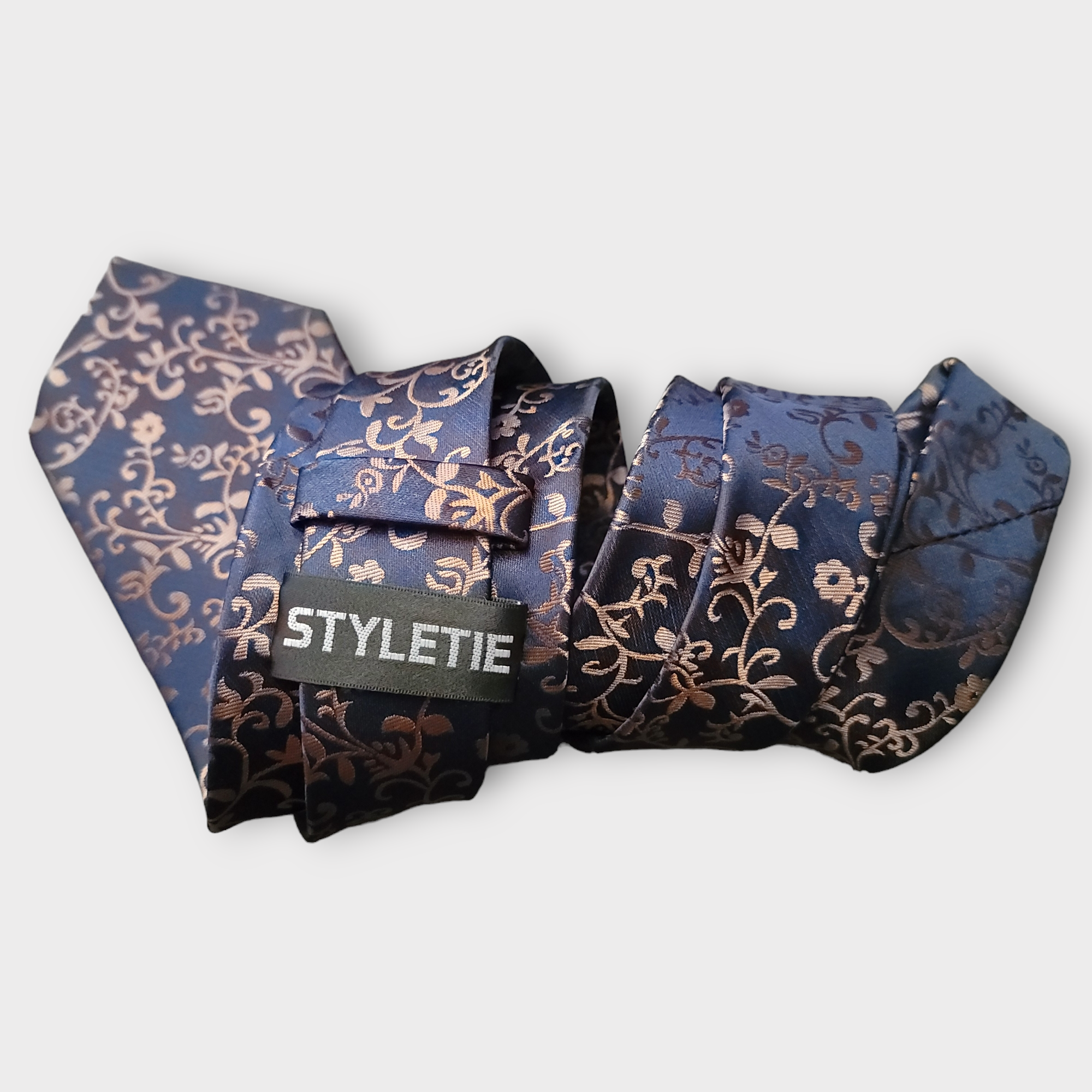 Navy Floral Silk Tie Pocket Square Cufflinks Set