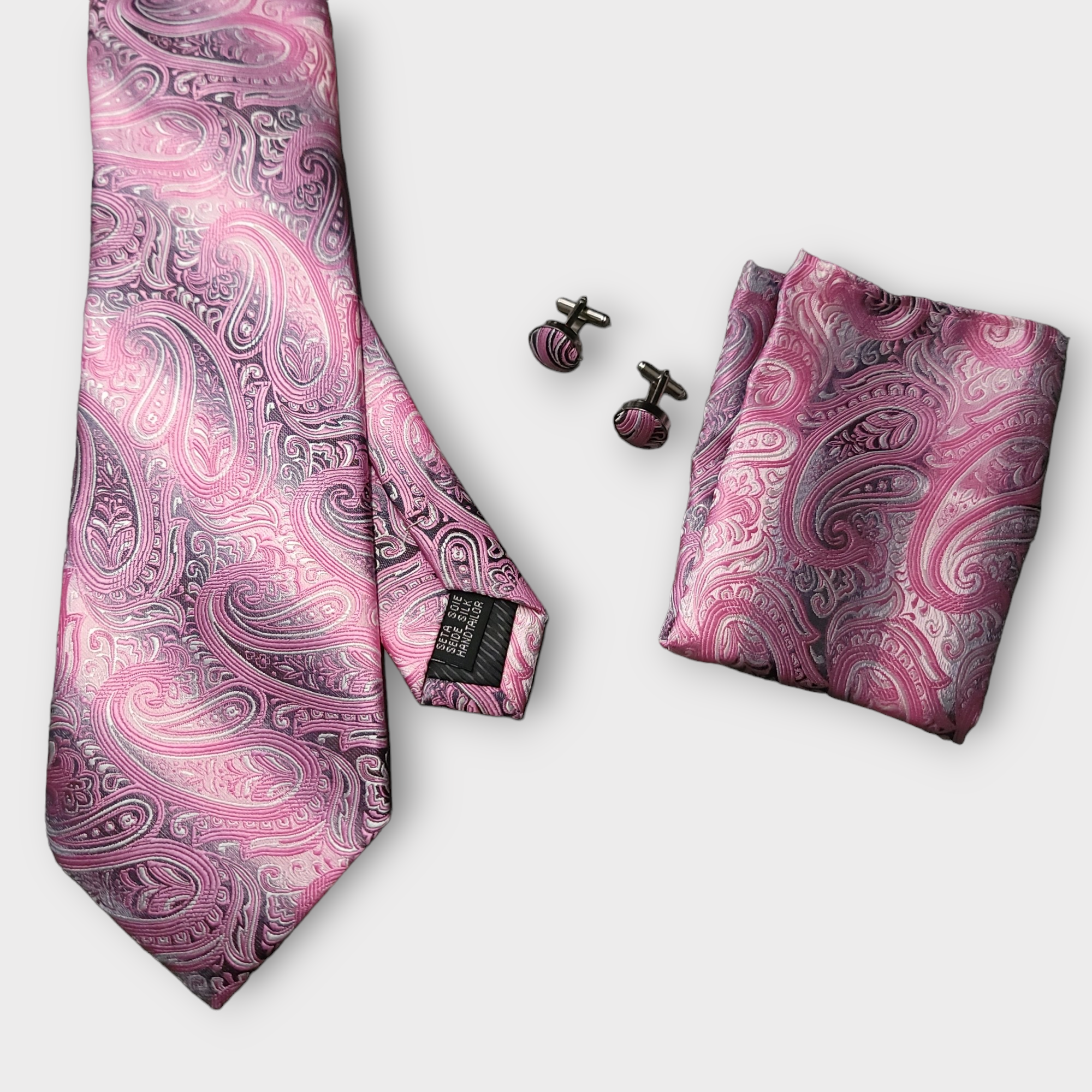Pink Paisley Silk Tie Pocket Square Cufflinks Set