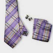 Purple Plaid Silk Tie Pocket Square Cufflink Set