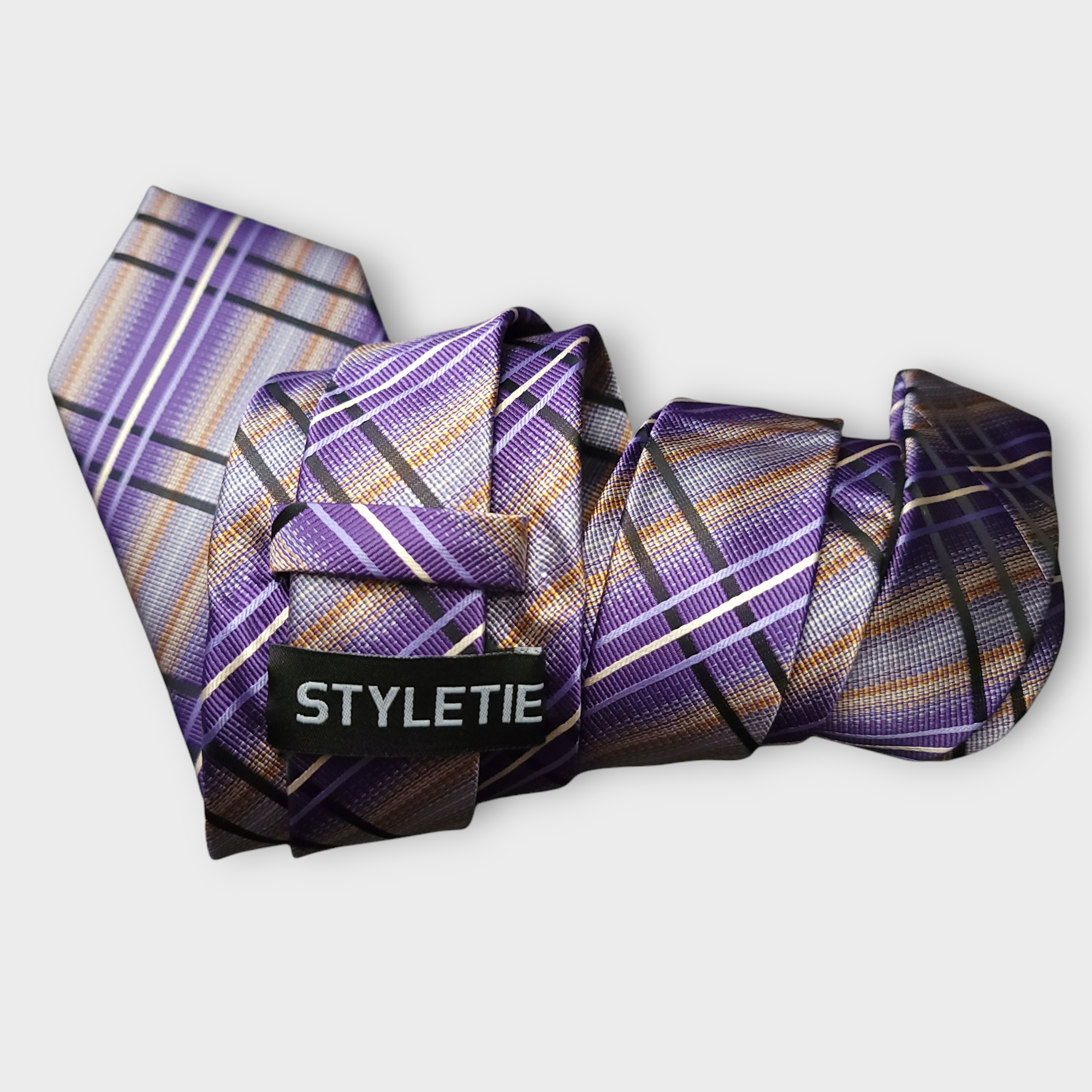 Purple Plaid Silk Tie Pocket Square Cufflink Set