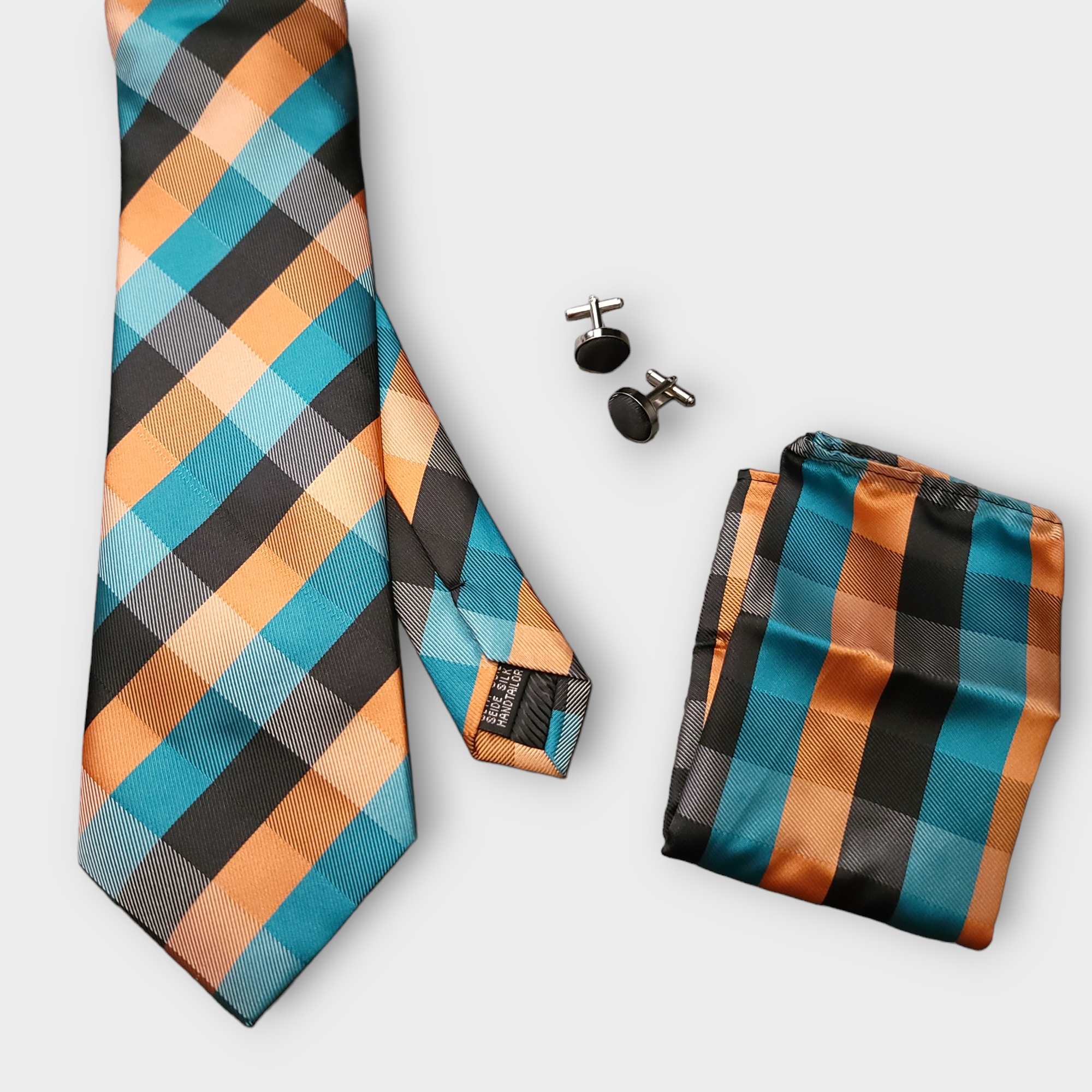Blue Orange Black Plaid Silk Tie Pocket Square Cufflink Set